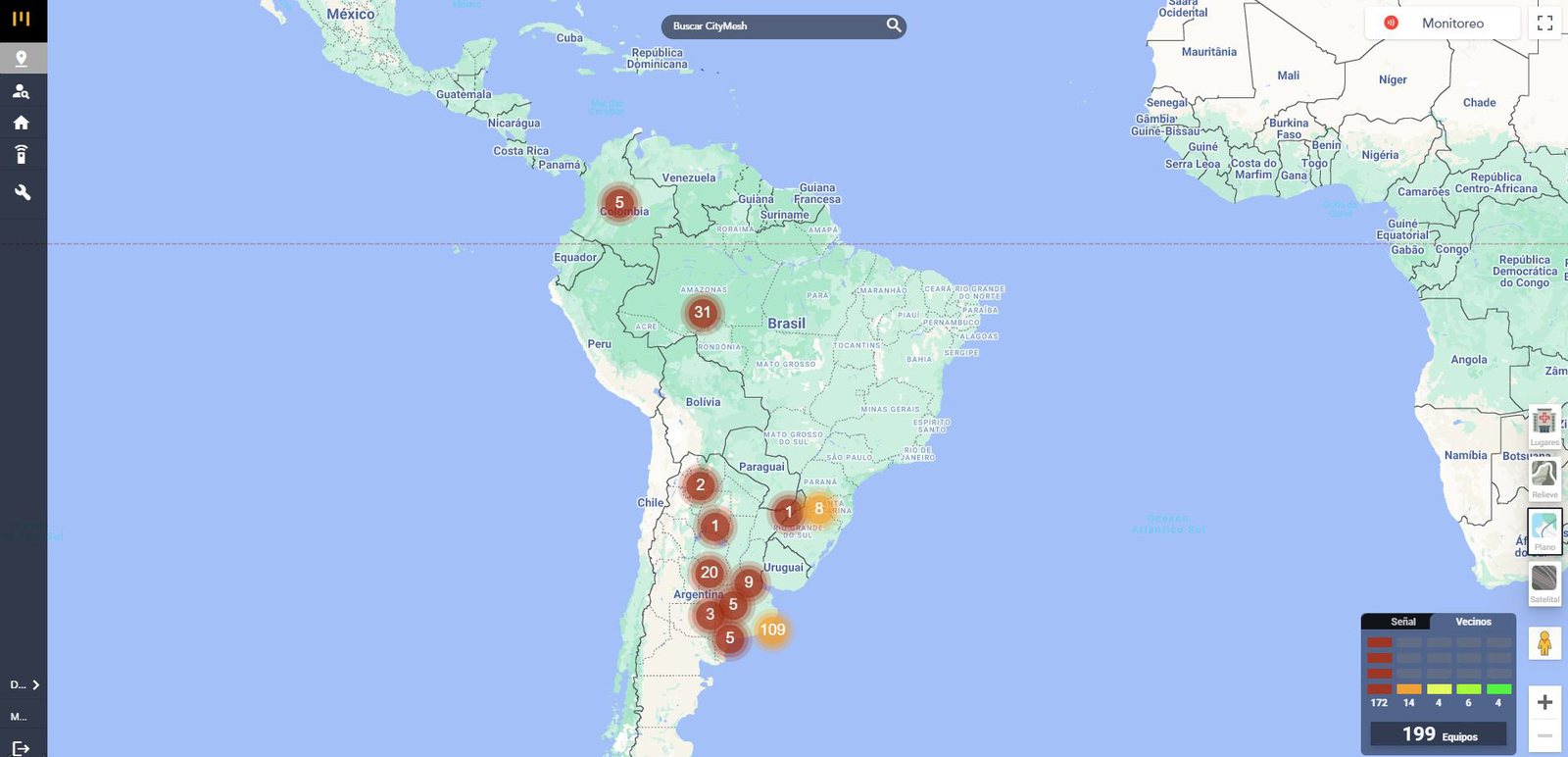Mapa de dispositivos na Deitres Cloud