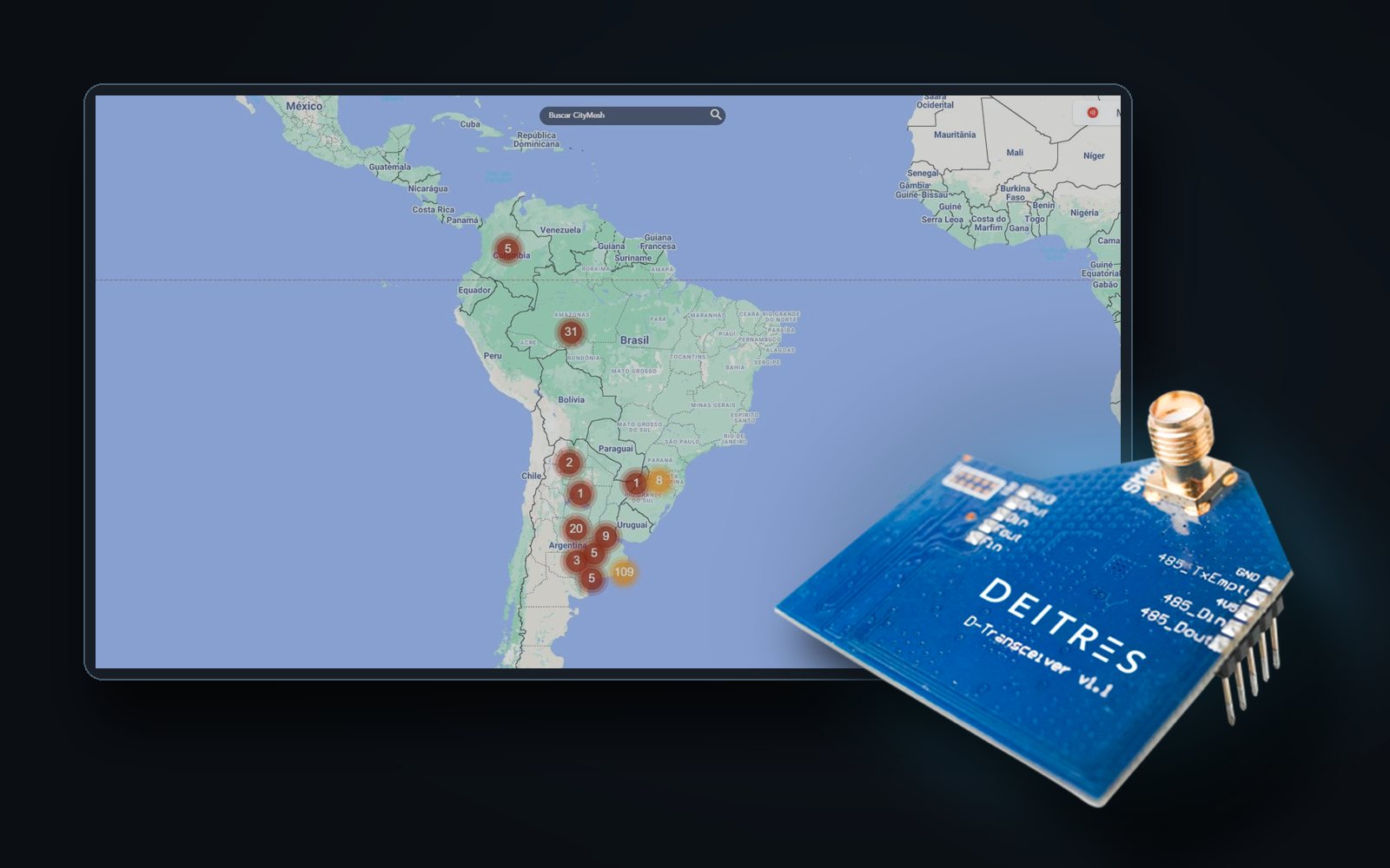 Módulo D-Transceiver em frente ao mapa da Deitres Cloud